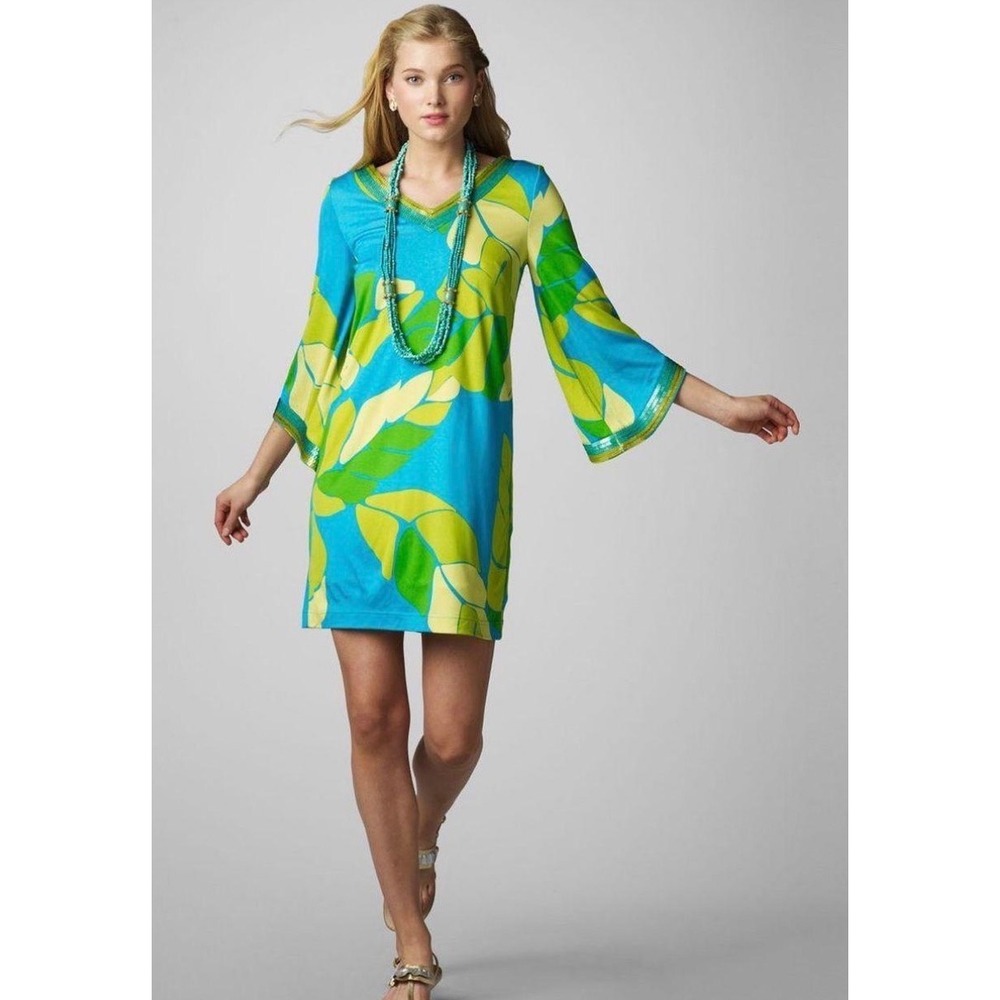 Lilly Pulitzer Eliana Palm Leaf Sequin Silk Cotton Bell Sleeve Tropical Dress XS